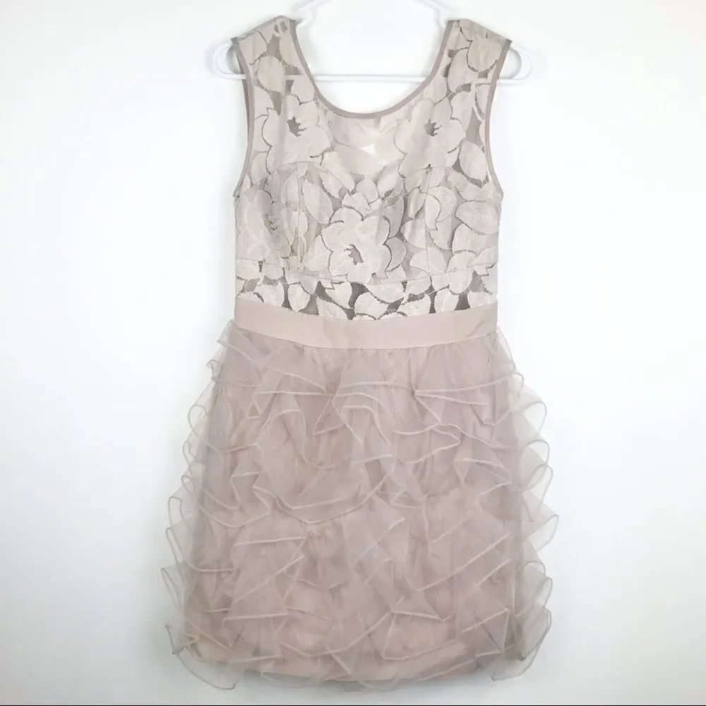 BCBG Generation Tan Blush Ruffle Tulle and Lace Dress